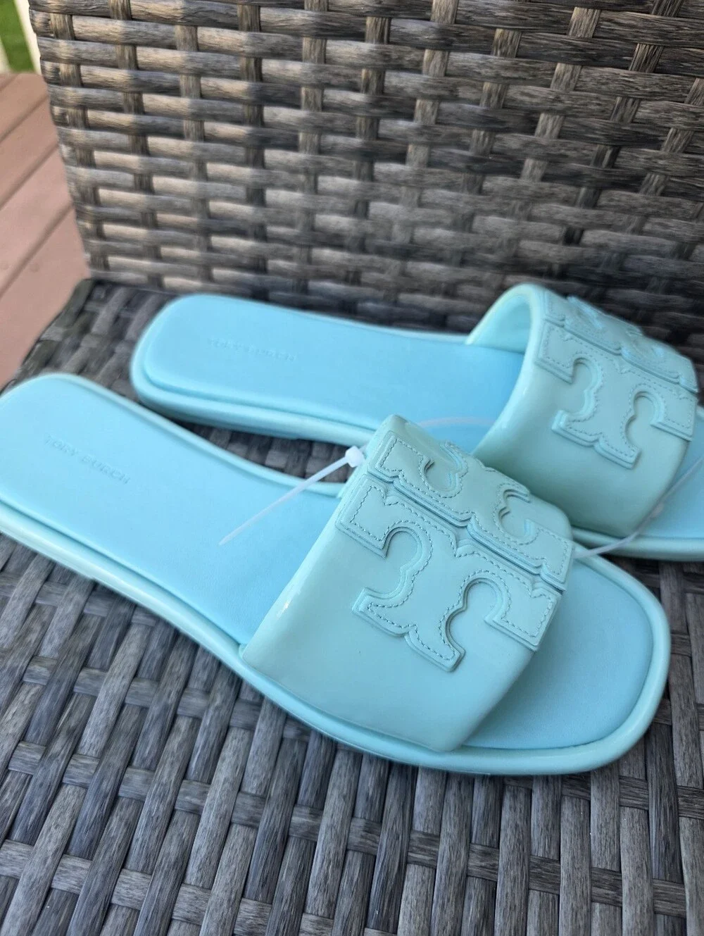 Tory Burch Double T Leather Sport Slide Caribbean Mist Size 10
